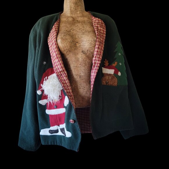 VTG Take Two Clothing Co. Christmas Fleece Jacket W/ Santa & Reindeer Applique - Picture 5 of 16